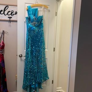 Tony bowls turquoise full sequin one shoulder long gown